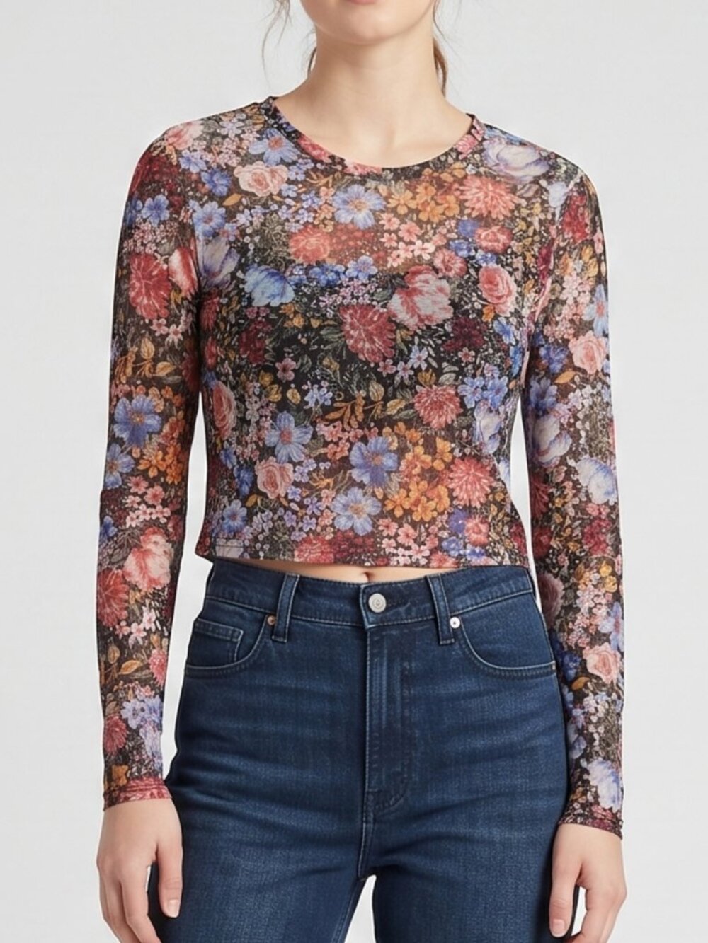 NWT | BemorRun Moody Floral Mesh Long Sleeve Crop Top | Sheer | XXL